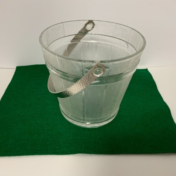 Ice Bucket Glass w/Hammered Metal Handle Oak Barrel Pattern Mid-Century Mod - Picture 4 of 10